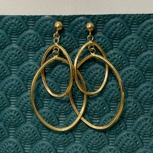 14K Yellow Gold Polished Double Oval Dangle on Ball Post Earrings 2"